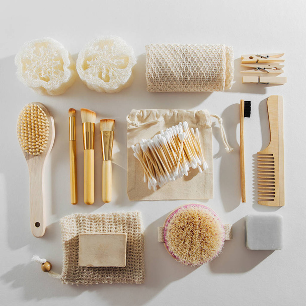 Zero waste supplies for personal hygiene. Eco Soap, bamboo toothbrush, natural wooden brush. Sustainable lifestyle. Plastic free concept - Foto, Imagen