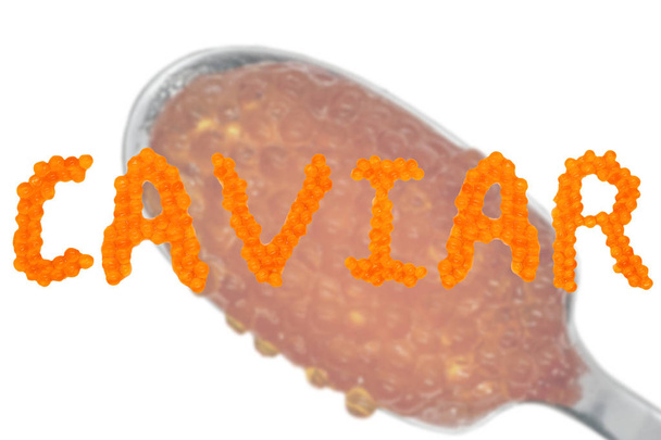 Pieni punainen kala munat muodostavat sanan CAVIAR. Punasammikkokaviaaria. Hämärtynyt lusikka punainen sampi kaviaaria tausta
 - Valokuva, kuva