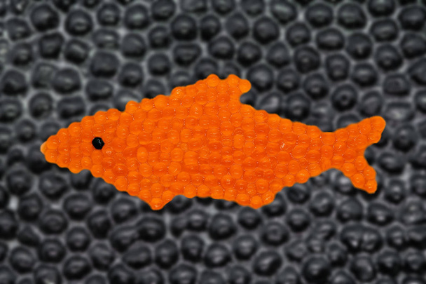 Kleine rode vis eieren (kaviaar) vorm vis figuur. Onscherpe zwarte steur kaviaar achtergrond - Foto, afbeelding