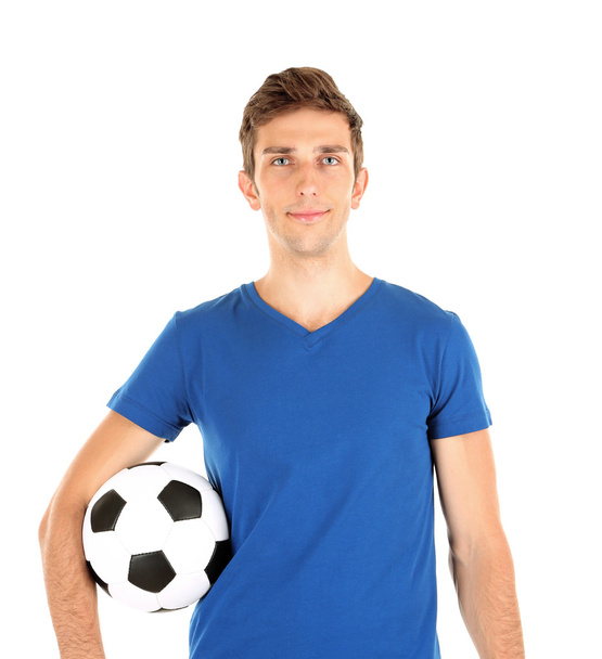 Young soccer player holding ball, isolated on white - Foto, imagen