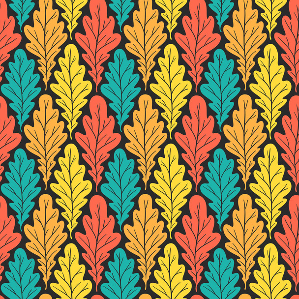 Stylized colorful silhouette oak leaves seamless pattern. Nature universal textures. Hand drawn decorative floral ornamental background. Vector illustration - Vector, imagen