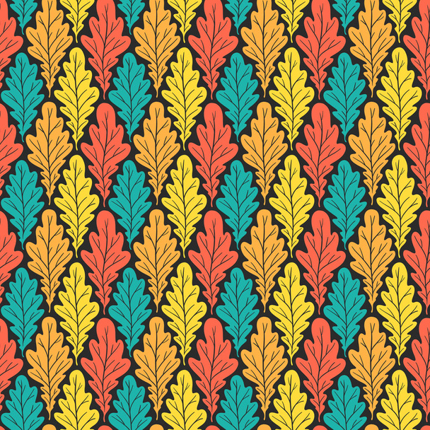 Stylized colorful silhouette oak leaves seamless pattern. Nature universal textures. Hand drawn decorative floral ornamental background. Vector illustration - Вектор, зображення