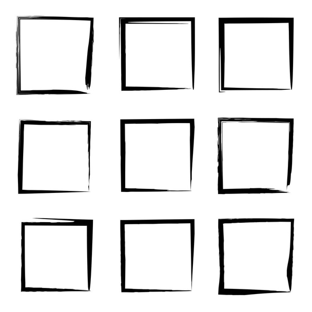 Collection or set of artistic black paint hand made creative grungy brush stroke square frames or borders isolated on white background. A grunge education sketch abstract creative ink design - Photo, Image