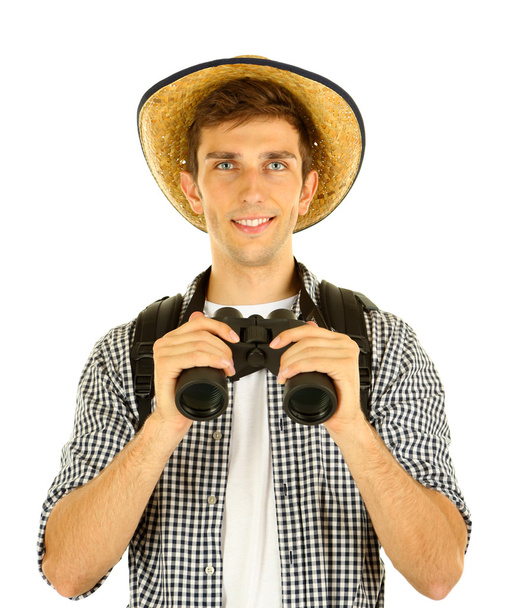 Young hiker man tourist with binocular, isolated on white - Фото, зображення