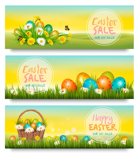 Three Easter Sale banners. Colorful eggs in green grass and spri - Vector, Imagen