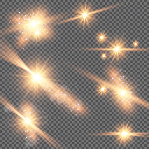 Efecto de luz brillante. Ilustración vectorial. Concepto Flash de Navidad. Ilustración vectorial de rayos de luz de llamarada abstracta. Un conjunto de estrellas, luz y resplandor, rayos y brillo. Efecto de luz brillante
. - Vector, Imagen