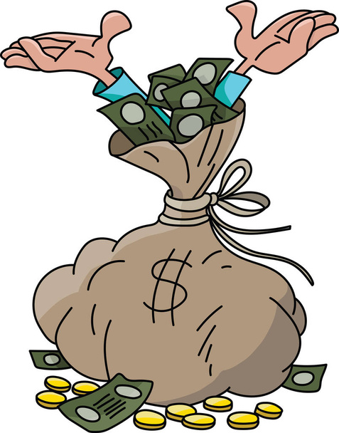 楽しそうに手を上げるお金でいっぱいの袋の中の漫画男 - ベクター画像