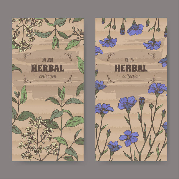Two labels wuth Lawsonia inermis aka henna tree and Linum usitatissimum aka common flax sketch. Green apothecary series. - Vector, imagen