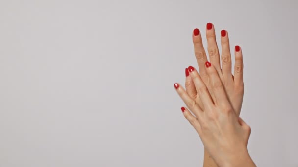 Beautiful young womans hands with bright red manicure, one hand gently massaging the other, isolated on gray background - Footage, Video