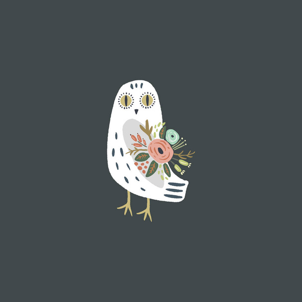 Искусство снежной совы, милая белоснежная полярная птица, рисунок с цветочным декором, векторная иллюстрация от руки
 - Вектор,изображение