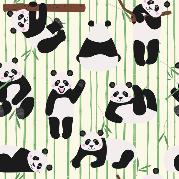 Seamless pattern with cute pandas on bamboo background, vector wallpaper, textile pattern - Διάνυσμα, εικόνα