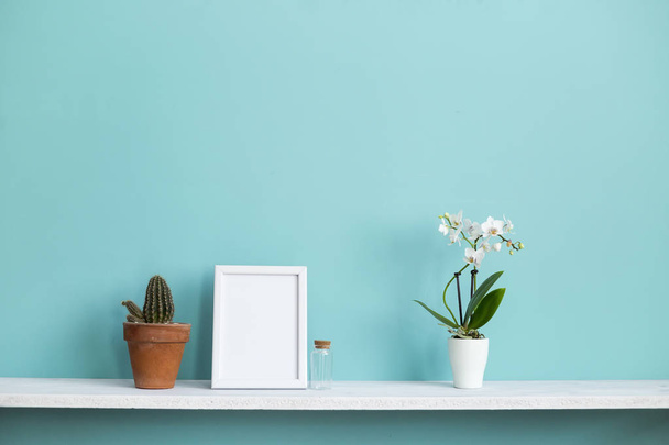 Moderna decoración de la habitación con marco de imagen maqueta. Estante blanco contra pared de turquesa pastel con orquídea en maceta y planta de cactus
. - Foto, Imagen