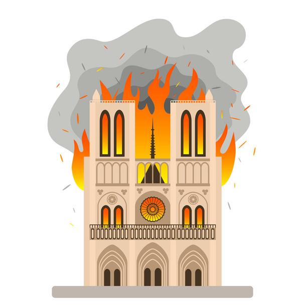 Tragiczny ogień w zabytków Notre Dame de Paris. Płomień w katedrze Matki Bożej. ilustracja wektorowa płaska - Wektor, obraz