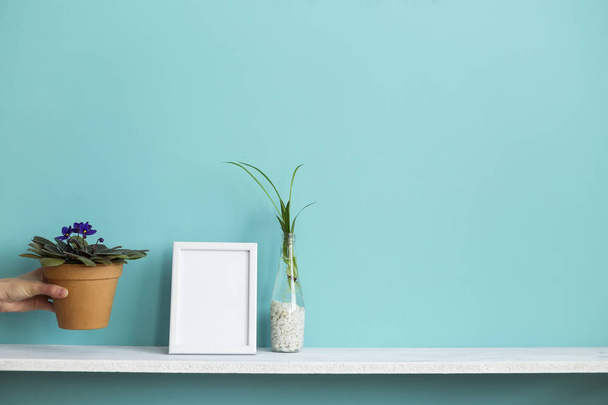 Moderne kamer decoratie met Picture Frame mockup. Witte plank tegen pastel Turquoise muur met spin plant stekken in water en hand putting down Violet. - Foto, afbeelding