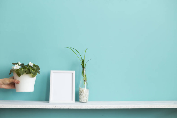 Modern room decoration with Picture frame mockup. White shelf against pastel turquoise wall with spider plant cuttings in water and hand putting down violet. - Foto, imagen