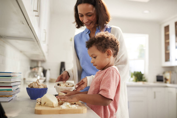 Millennial woman and her toddler son preparing food together standing at a worktop in the kitchen, side view, close up, selective focus - Photo, image