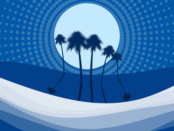 Nachtlandschaft mit Palmen am Strand. Punkte im Stil der Pop-Art. Vektorillustration - Vektor, Bild