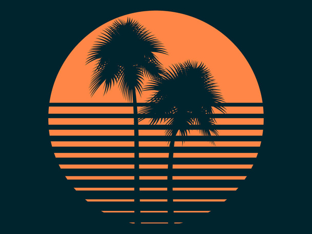 太陽の下で熱帯ヤシの木。夏の夕焼けTシャツのデザインをプリント。ベクトルイラスト - ベクター画像