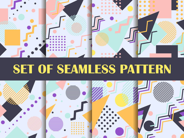 Conjunto de patrones sin costuras de Memphis. Elementos geométricos memphis en el estilo de los años 80. Colores pastel. Ilustración vectorial
 - Vector, imagen