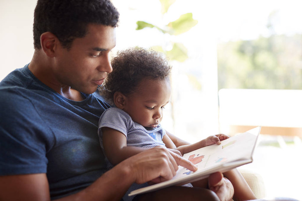 Close up of young adult black father reading a book with his two year old son, close up, side view, backlit - Fotoğraf, Görsel