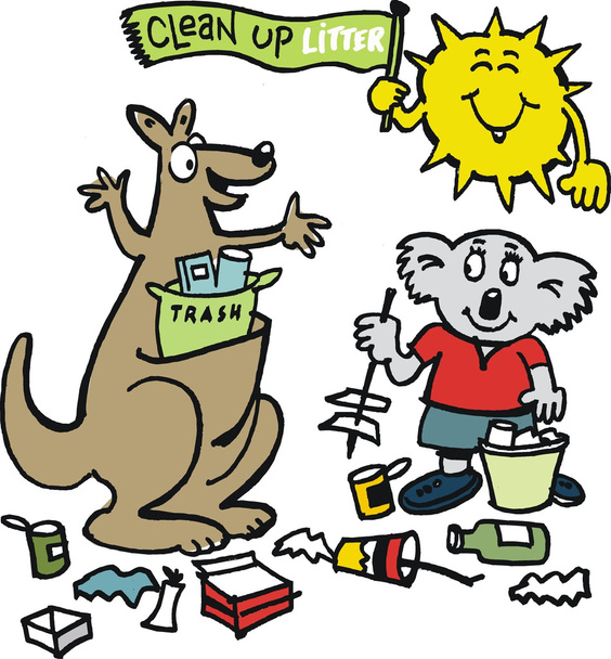 διάνυσμα γελοιογραφία της Αυστραλίας ζώα μαθαίνουν να πάρει σκουπίδα και μπάζα - Διάνυσμα, εικόνα