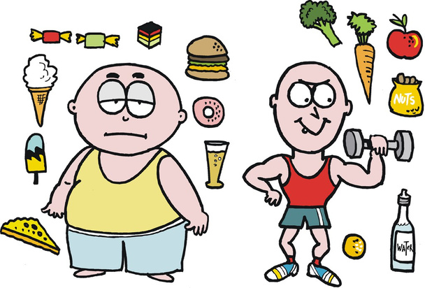 Vector cartoon of overweight man with fast foods - Vector, Image