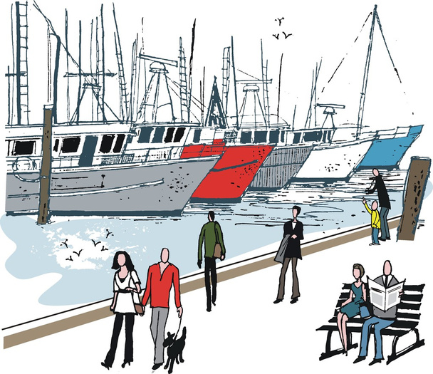 pero a inkoust ilustrace chůze po boku lodi přístav - Vektor, obrázek