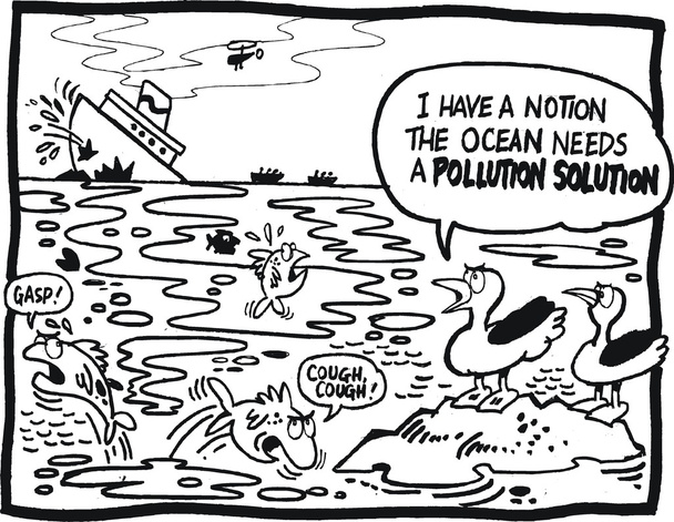 Векторная карикатура, показывающая нефтяной танкер, выбрасывающий загрязнение в океан
 - Вектор,изображение