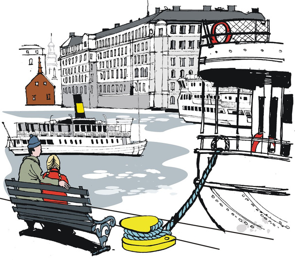 vektor illustration av stockholm båt hamn med byggnader och - Διάνυσμα, εικόνα