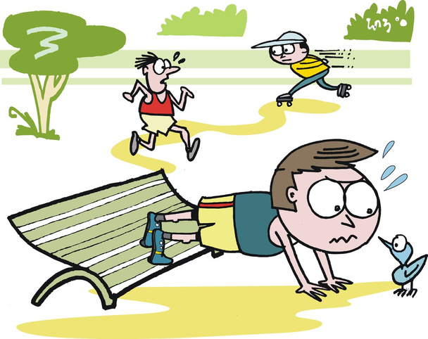 Векторна карикатура людини робить прес-злети і вправи в парку
 - Вектор, зображення