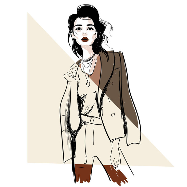 fashion sketch of model in jacket - Vector, Image