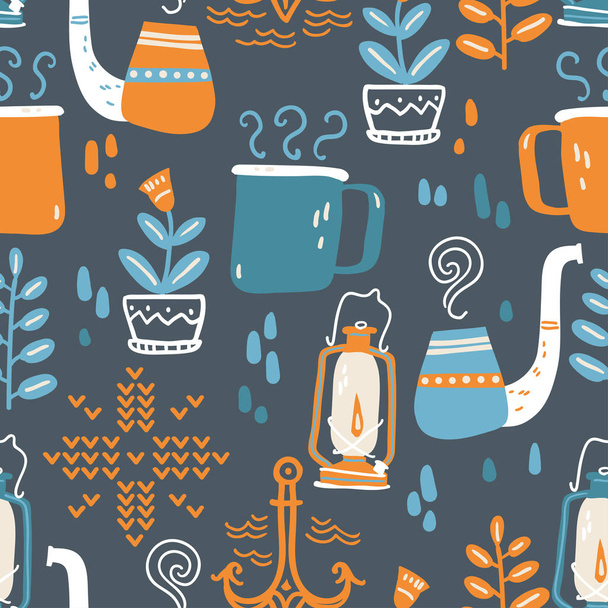 Vector seamless pattern with cozy home things. Pipe, knitting, hot drink, lamp. All in Scandinavian minimalistic style - Vektör, Görsel