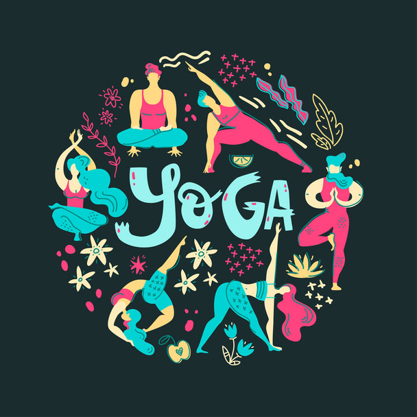 Round vector illustration with yogis people, plants and flowers. Flat simple graphic, scandinavian style. Yoga practise. - Vektor, obrázek