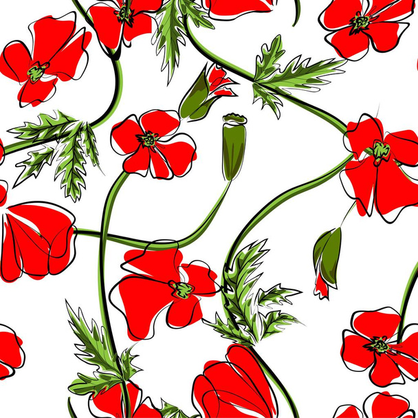 Red poppies on a white background. Floral seamless pattern with big bright flowers. Summer vector illustration for print textile,fabric,wrapping paper. - Vektor, Bild