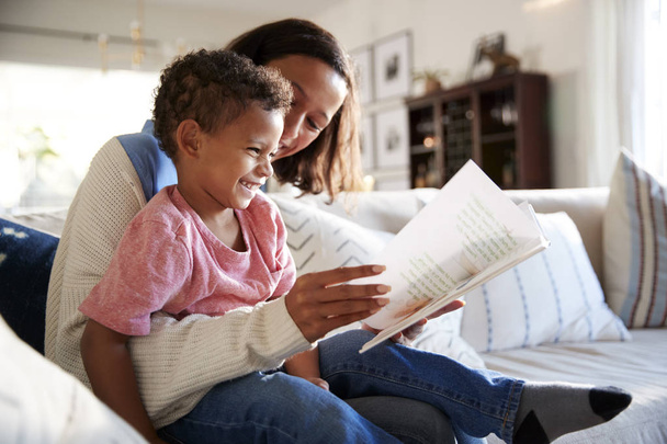 Close up of young mother sitting on a sofa in the living room reading a book with her toddler son sitting on her knee, side view - Foto, immagini