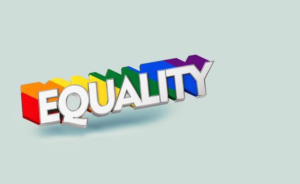 Silver EQUALITY word with rainbow outline. LGBT equality symbol concept. Isolated on pastel green background with copy space. 3D rendering - Photo, Image