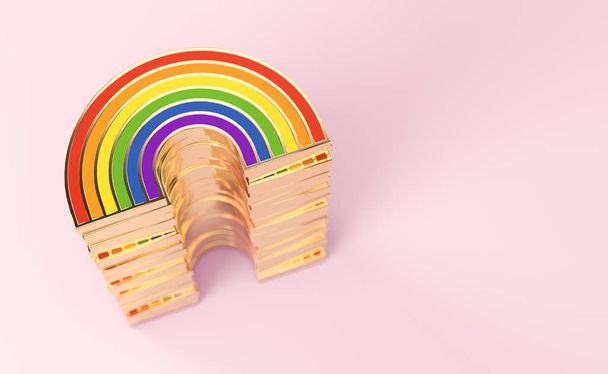 Golden LGBTQ rainbow pile for gay pride, LGBT, bisexual, homosexual symbol concept. Isolated on pastel pink background with copy space. 3D rendering - Foto, Imagem
