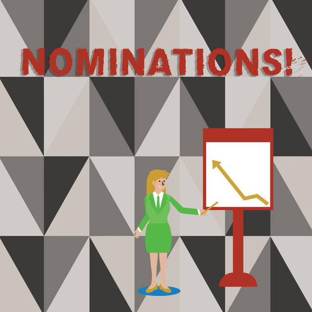 Conceptual hand writing showing Nominations. Business photo text action of nominating or state being nominated for prize Woman Holding Stick Pointing to Chart of Arrow on Whiteboard. - Photo, Image