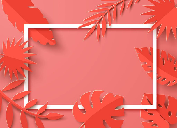 熱帯の赤い葉の背景に白い紙の切断フレーム。エキゾチックなグリーティングカードバナー、テキストの場所と夏のパーティー招待テンプレート。ベクターカードイラスト. - ベクター画像