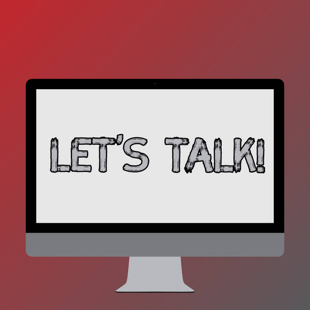 Znak tekstowy przedstawiający Let S Talk. Koncepcyjne zdjęcie proponują rozpoczęcie rozmowy na konkretny temat blank White monitor komputerowy panoramiczny zamontowany na podstawkę do technologii. - Zdjęcie, obraz