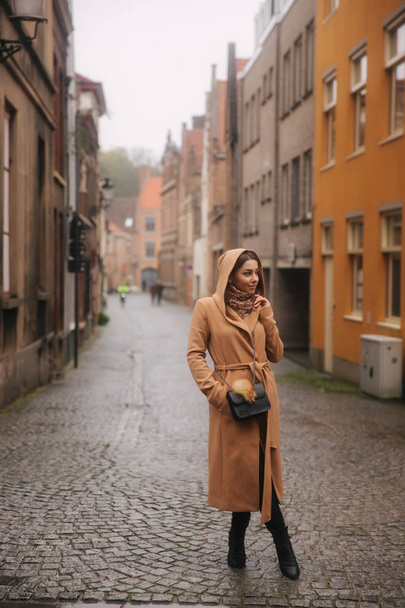 Beautiul mujer caminando en la Bélgica, Brujas
 - Foto, imagen