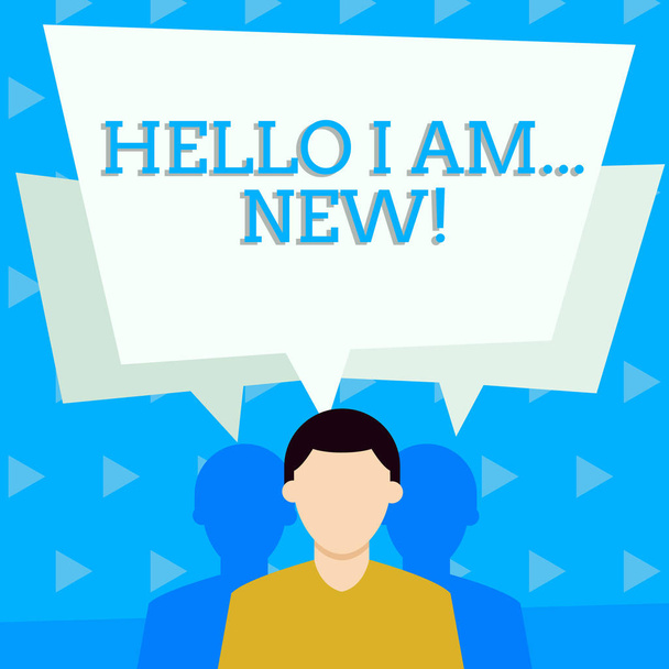 Tekst pisma ręcznego Hello I am New. Pojęcie znaczenie używane jako powitanie lub rozpocząć rozmowę telefoniczną Faceless człowiek ma dwa cienie każdy ma swoje własne Bubble mowy nakładające się. - Zdjęcie, obraz