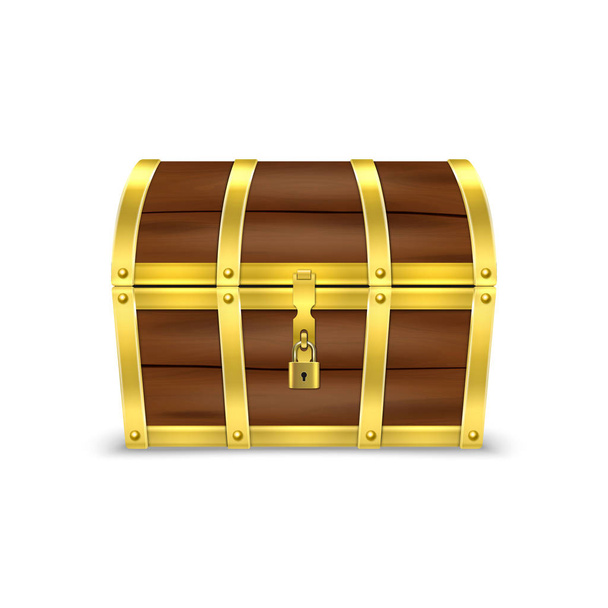 Vector 3d Realistic Closed Retro Vintage Antique Old Treasure Wooden brown Pirate Dower Chest with Golden Metal Stripes and Padlock and Keyhole Closeup Isolated on White Background - Vector, imagen