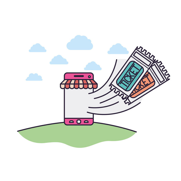 smartphone with tent and tickets comming out - Vector, Image