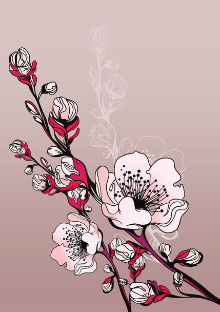 tak van bloeiende Oosterse kersen en roze zijde - Vector, afbeelding