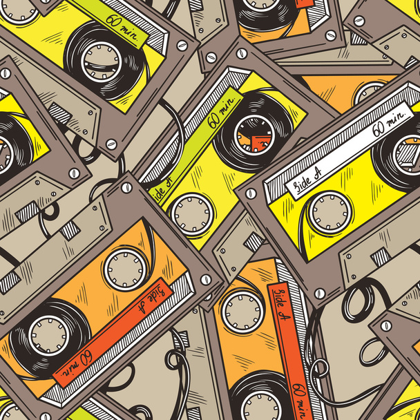 Seamless pattern of vintage audio cassettes - Vector, Image