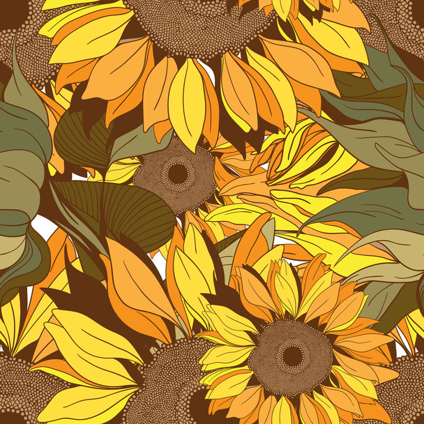 Vector seamless pattern from flowers and sunflower leaves - Вектор, зображення