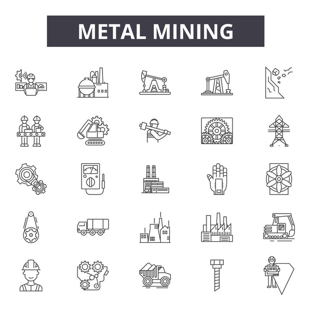 Metal mining line icons, signs set, vector. Metal mining outline concept, illustration: metal,industry,equipment,power,mine - Vektor, obrázek