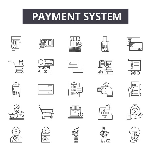 Zeilensymbole des Zahlungssystems, Zeichen gesetzt, Vektor. Umrissenkonzept des Zahlungssystems, Illustration: Zahlung, Geld, System, Kredit, Karte, Geschäft, Bankwesen - Vektor, Bild