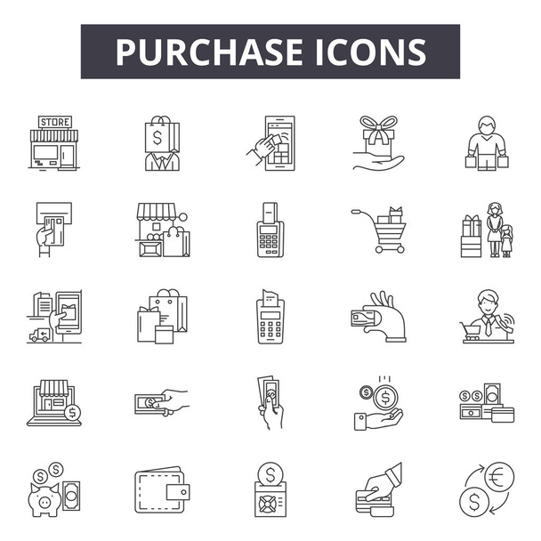 Zeilensymbole kaufen, Zeichen setzen, Vektor. Kaufskizzenkonzept, Illustration: kaufen, verkaufen, shop, kaufen, wagen - Vektor, Bild